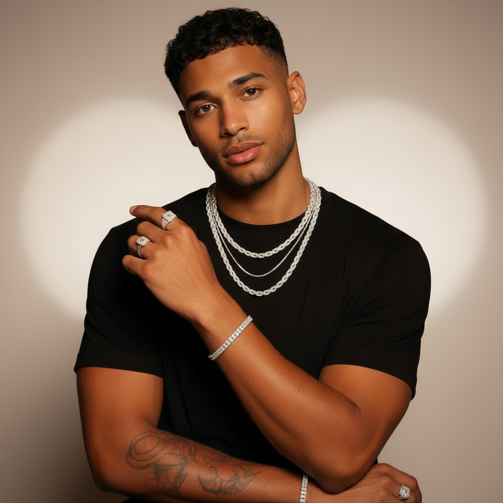 Man with layered rope chains and bracelet