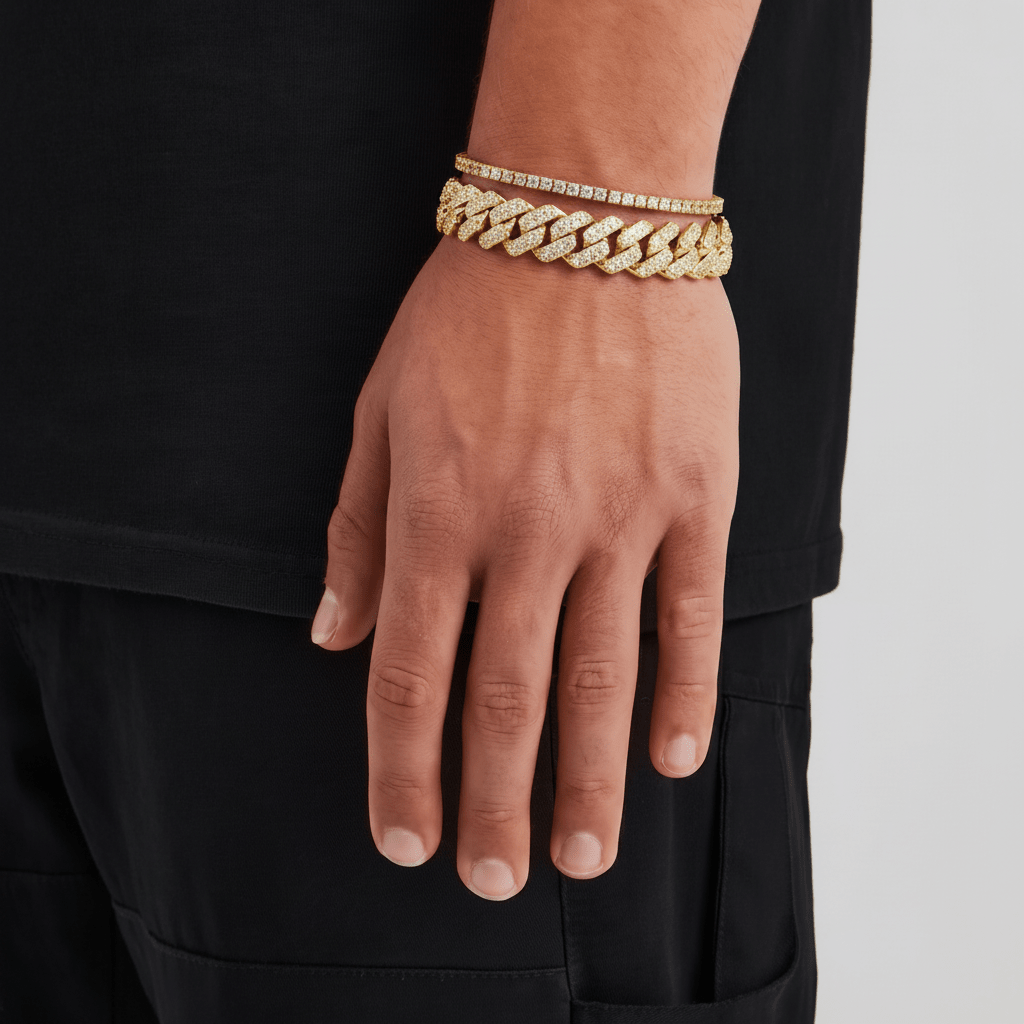 Gold Cuban & Tennis Bracelet on Wrist